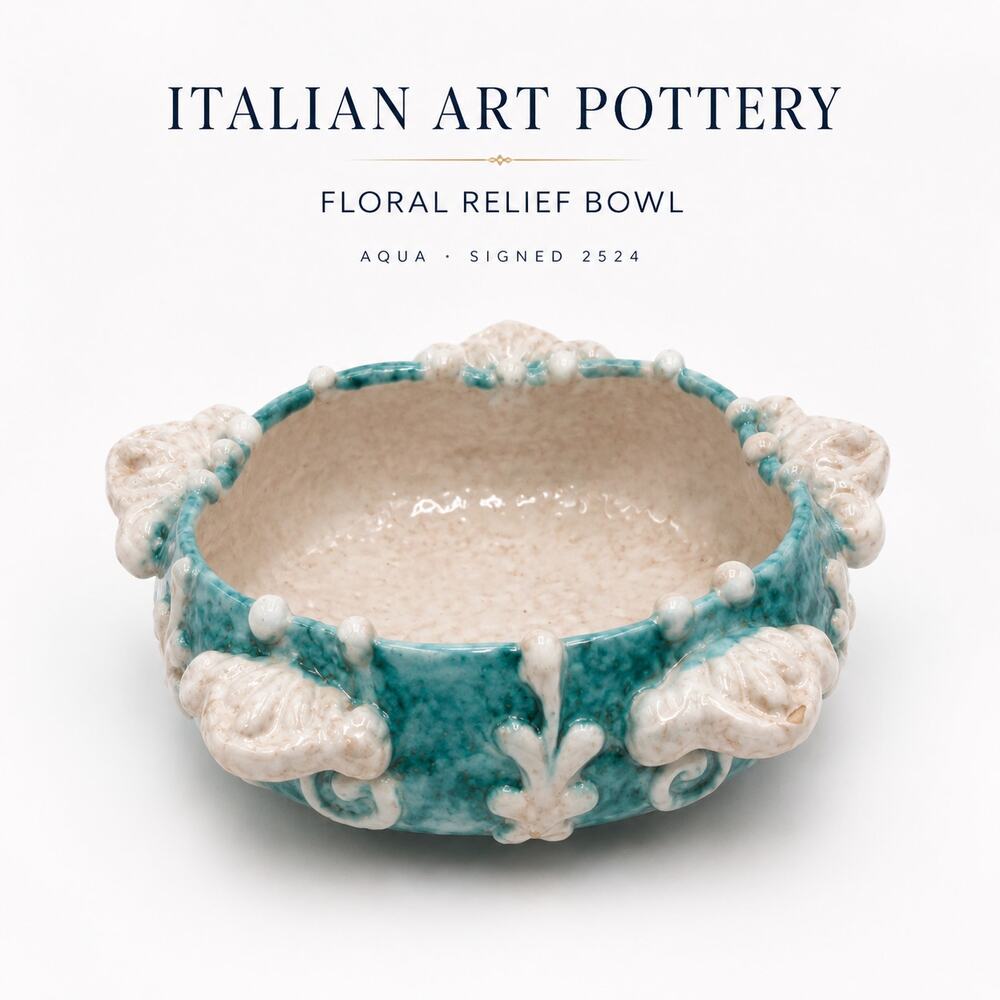 Italian Art Pottery Bowl Aqua White Floral Relief Ceramic Dish Italy 2524